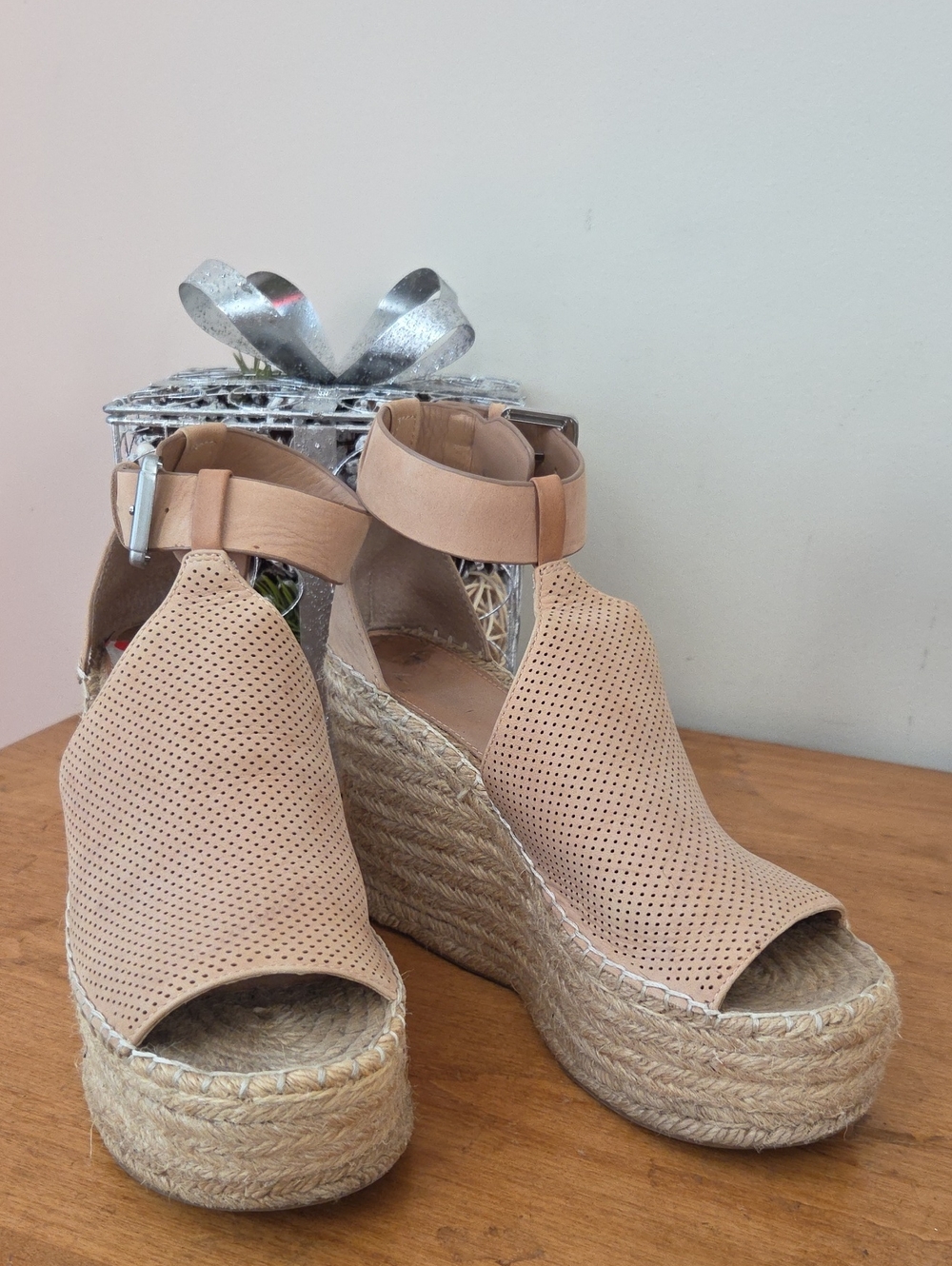 Marc Fisher Nude/Beige Perforated Espadrille Wedge Sandals with Ankle Buckle